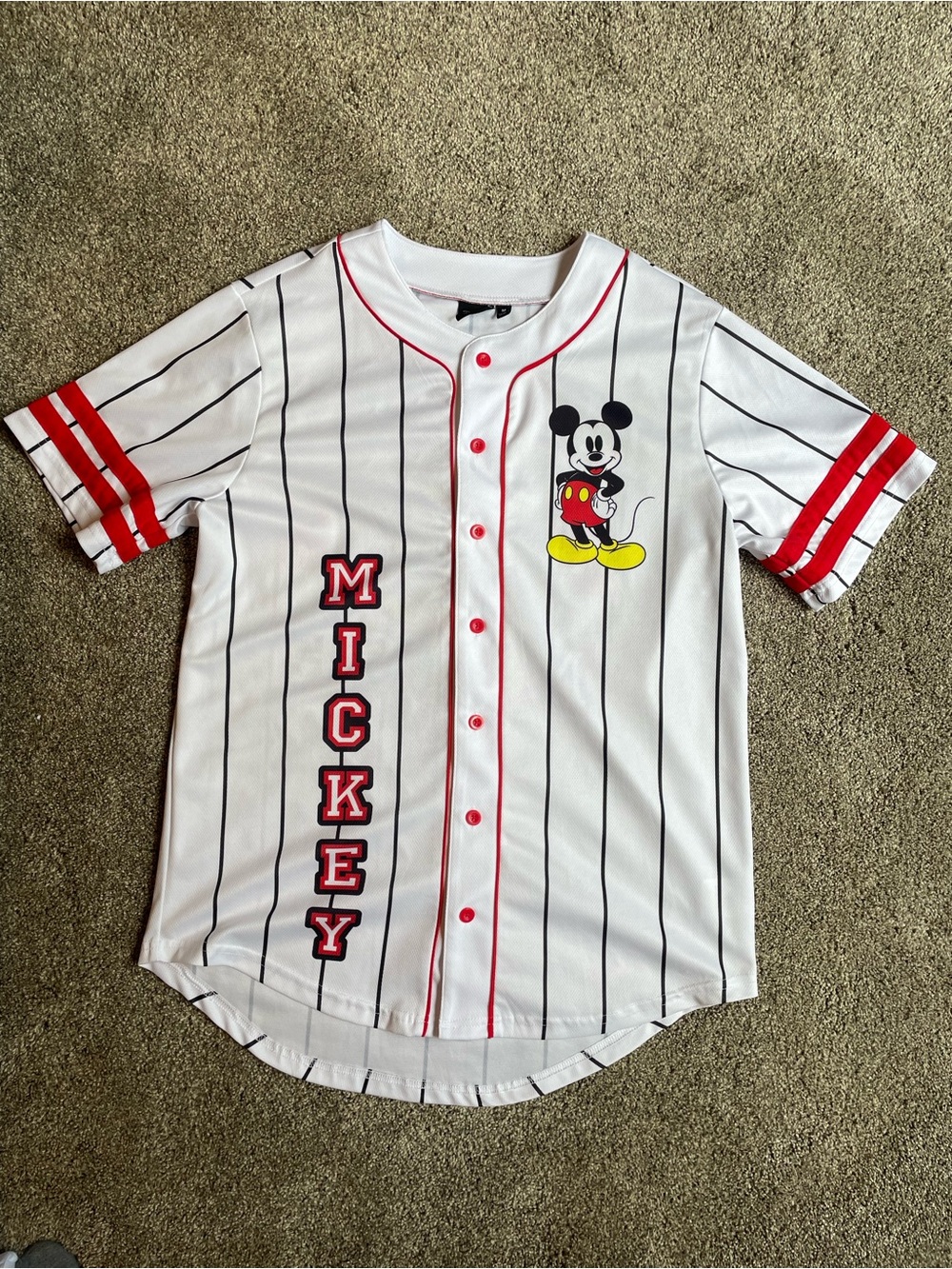 Disney Mickey Mouse White & Red Pinstripe Baseball Jersey Medium